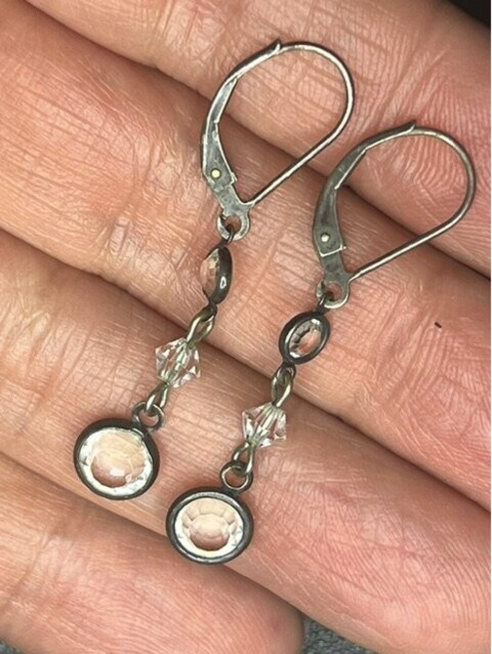B7434  Sterling silver Oxidized Dangle Earrings 1.5" Drop Crystal Bead Leverback